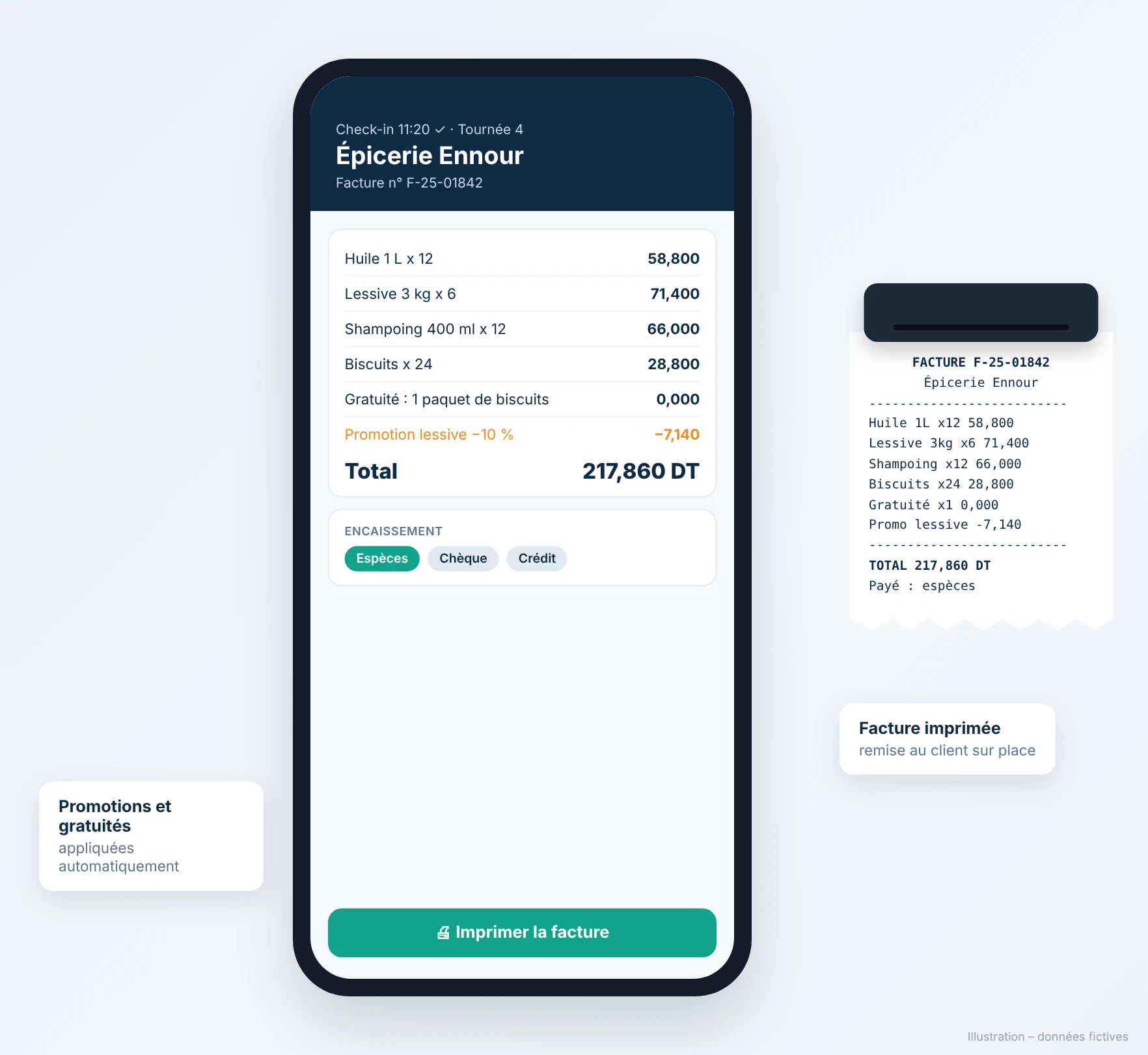 Invoice, cash closing and dashboard in Valomnia (fictitious data, in French) (1/3)