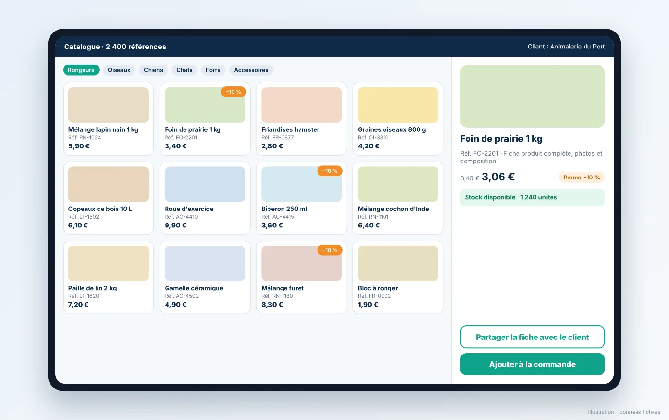 Digital catalogue, Business Central integration and dashboard in Valomnia (fictitious data, in French) (1/3)