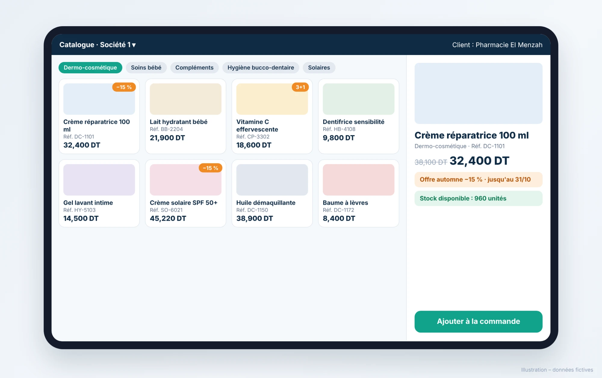 Catalogue, order with promotions and Sage integration in Valomnia (fictitious data, in French) (1/3)