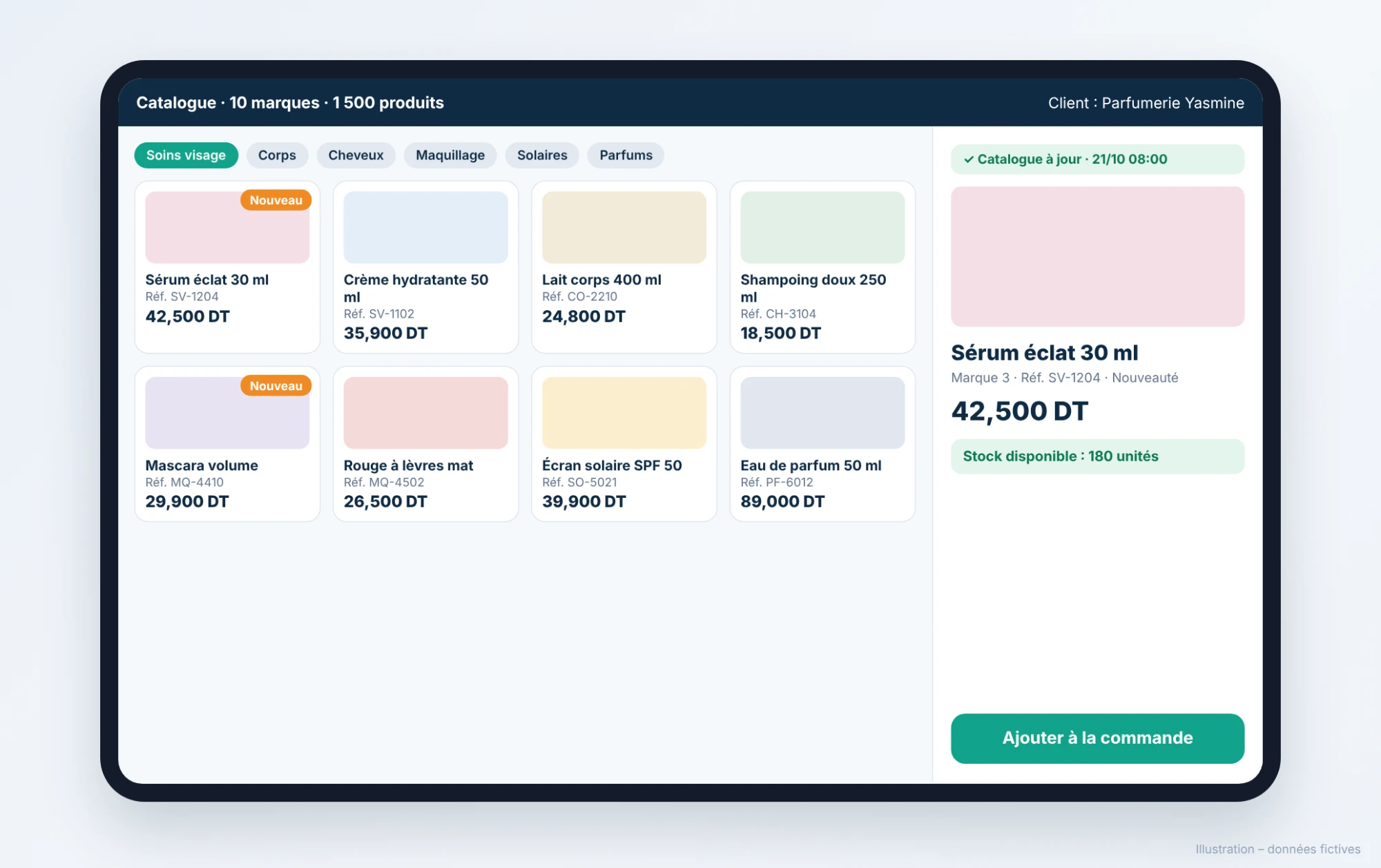 Catalogue, out-of-stock check and dashboard in Valomnia (fictitious data, in French) (1/3)