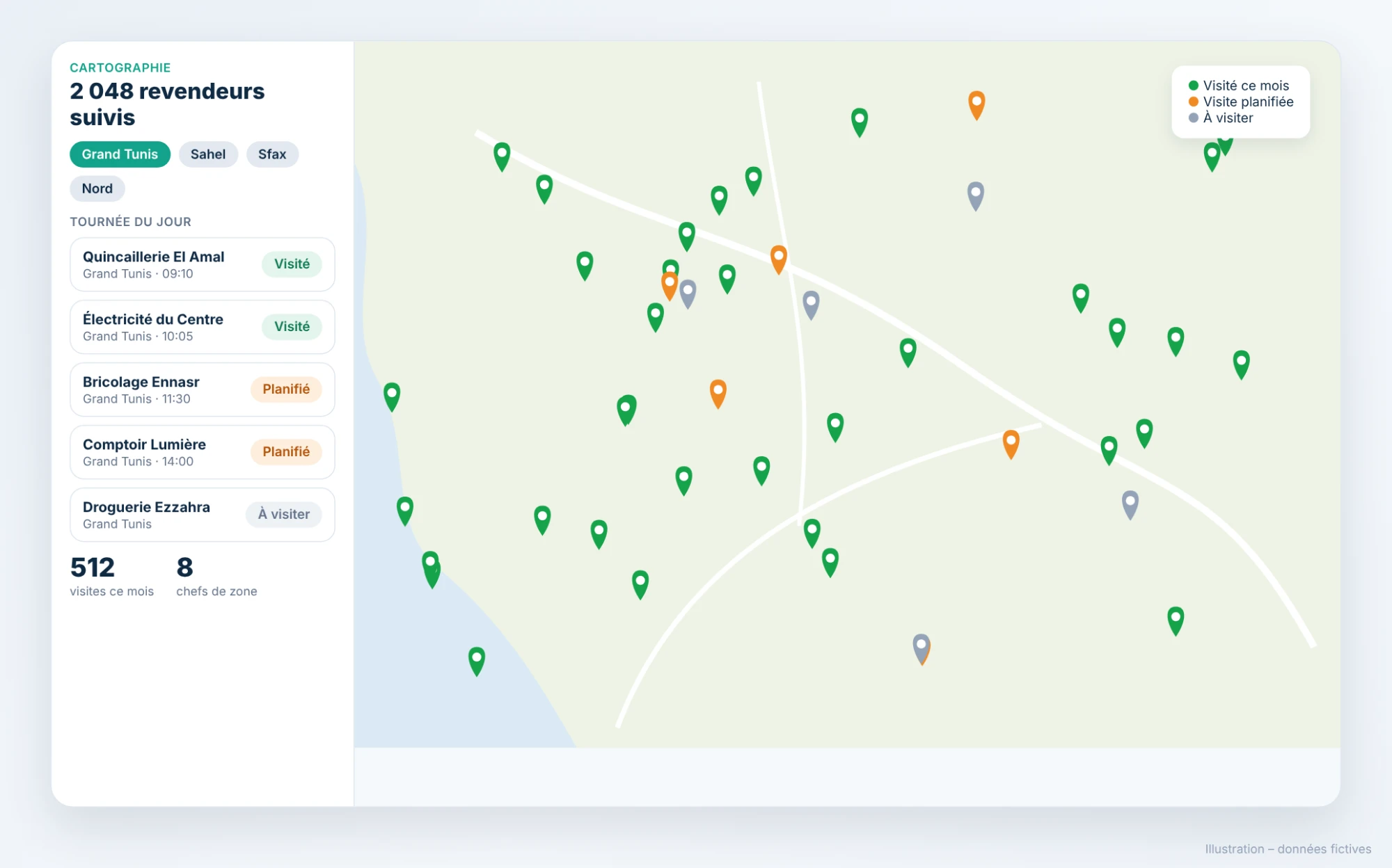 Retailer map, field survey, Qualipro link and dashboard in Valomnia (fictitious data, in French) (1/4)