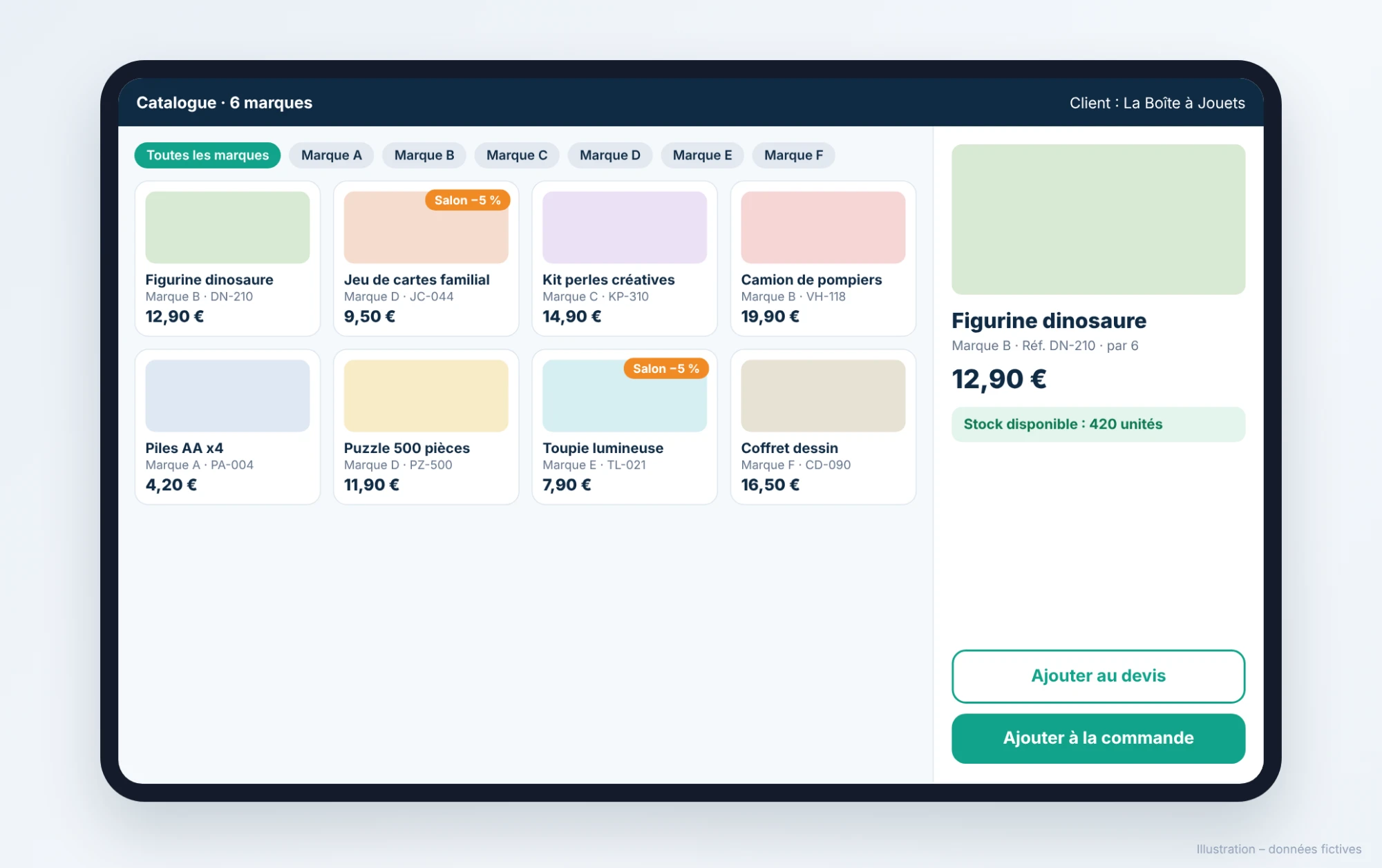 Multi-brand catalogue, trade fair mode and performance tracking in Valomnia (fictitious data, in French) (1/3)