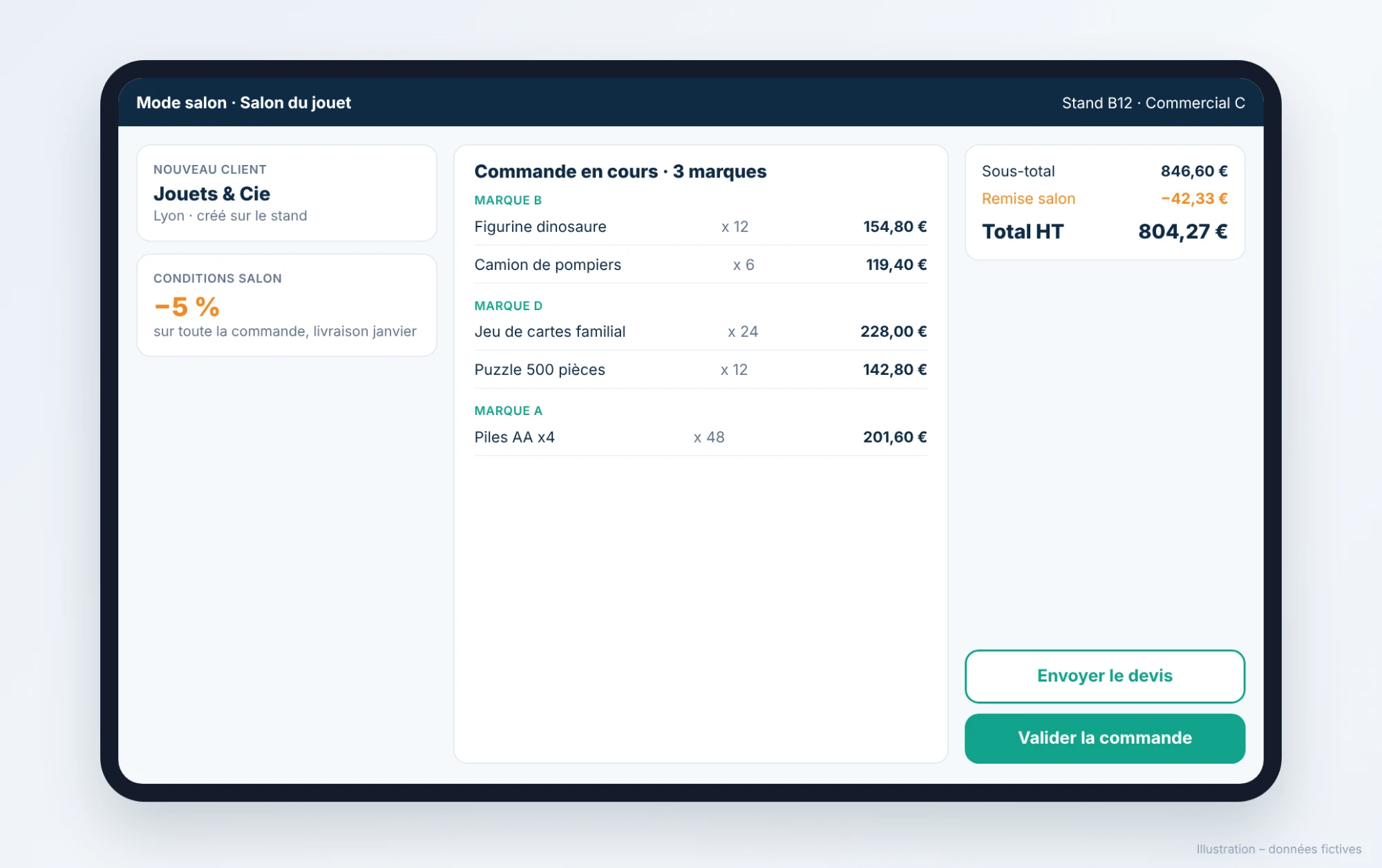 Multi-brand catalogue, trade fair mode and performance tracking in Valomnia (fictitious data, in French) (2/3)